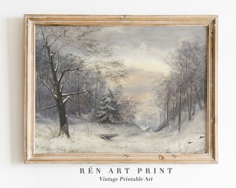 Winter Landscape Painting Print | Christmas Wall Decor Digital Download | Snowy Winter Trees Printable Art | Vintage Winter Oil Painting