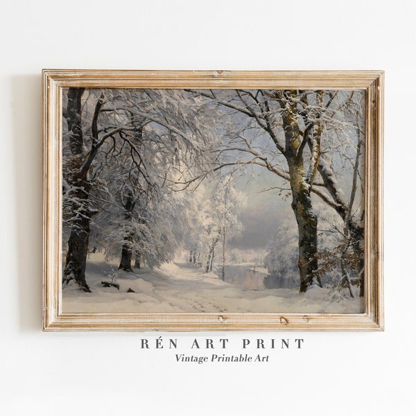 Muted Winter Landscape Painting | Vintage Christmas Art Print | Neutral Wall Art | Snowy Woods Landscape Painting | Printable Wall Art