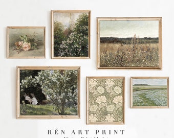 May include: A collection of five vintage art prints featuring floral and landscape scenes. The prints are framed in a light wood frame and are arranged in a grid pattern on a white wall. The prints are titled "RÉN ART PRINT Vintage Printable Art".