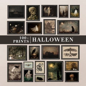 Puede incluir: Una colección de grabados de Halloween enmarcados, con imágenes góticas y espeluznantes. Los grabados incluyen imágenes de fantasmas, calaveras, murciélagos y paisajes inquietantes. El texto "100+ PRINTS HALLOWEEN" se muestra en el centro.