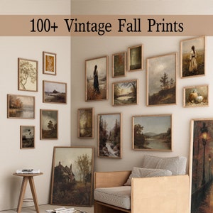 Könnte beinhalten: Eine Sammlung gerahmter Vintage-Herbstdrucke, die an einer Wand ausgestellt sind. Die Drucke zeigen Landschaften, Figuren und Stillleben in warmen, herbstlichen Farbtönen. Der Text "100+ Vintage Fall Prints" ist oben zu sehen.
