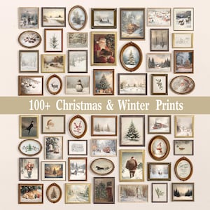 Puede incluir: Una colección de grabados vintage enmarcados de Navidad e invierno. Los grabados presentan escenas de paisajes nevados, Papá Noel, árboles de Navidad y actividades invernales. Se muestra el texto "100+ Christmas & Winter Prints".