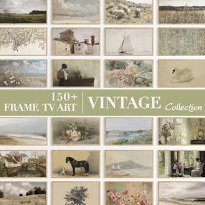 May include: A collection of twenty-four rectangular digital art prints for television screens, featuring various vintage-style landscape, floral, animal, and interior scenes, with the text 150+ FRAME TV ART VINTAGE Collection overlaid.