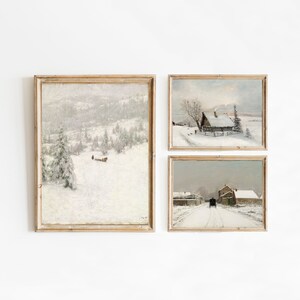 K&ouml;nnte beinhalten: Drei gerahmte Winterlandschaftsbilder. Das erste Bild zeigt einen verschneiten Wald mit einer Person, die einen Schlitten zieht. Das zweite Bild zeigt eine verschneite Szene mit einem kleinen Holzhaus und einem Zaun. Das dritte Bild zeigt eine verschneite Stra&szlig;e mit einer Pferdekutsche und einem Haus im Hintergrund.