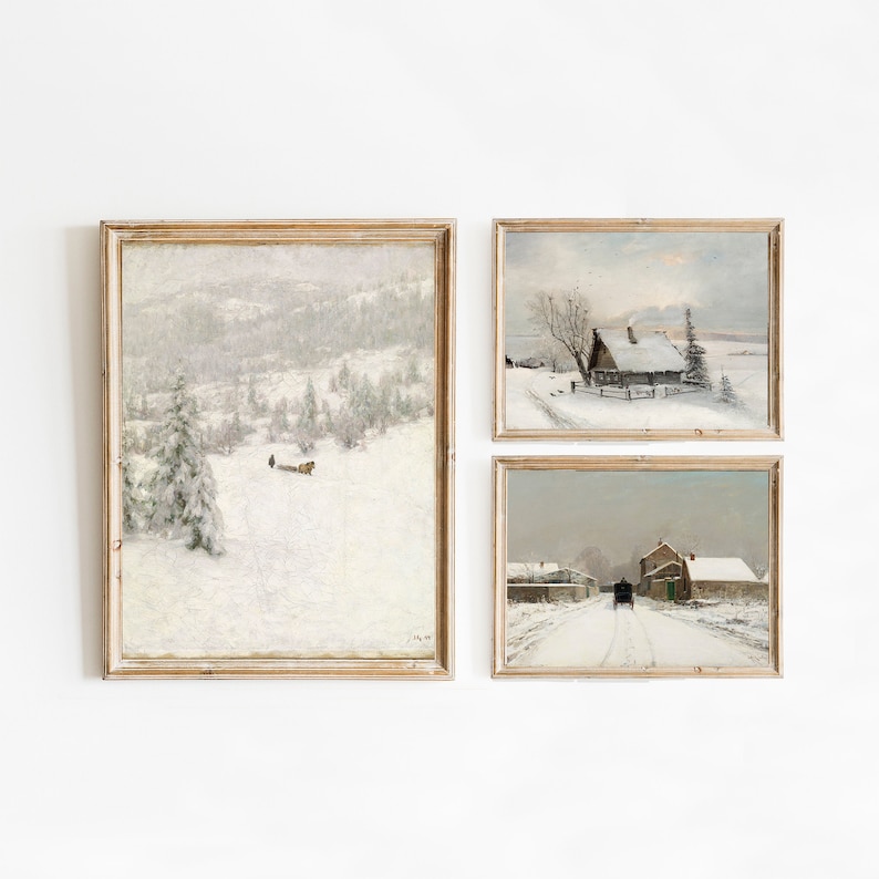 K&ouml;nnte beinhalten: Drei gerahmte Winterlandschaftsbilder. Das erste Bild zeigt einen verschneiten Wald mit einer Person, die einen Schlitten zieht. Das zweite Bild zeigt eine verschneite Szene mit einem kleinen Holzhaus und einem Zaun. Das dritte Bild zeigt eine verschneite Stra&szlig;e mit einer Pferdekutsche und einem Haus im Hintergrund.