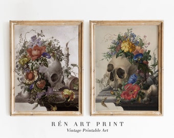 Vintage Floral Skull Art Print | Gothic Halloween Decor (Digital Download)