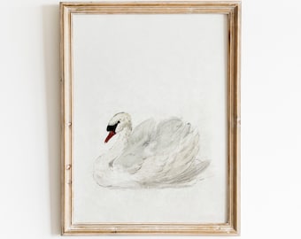 May include: A vintage watercolor painting of a white swan with a black head and red beak. The swan is depicted in a graceful pose, with its wings spread out. The painting is framed in a light wood frame.
