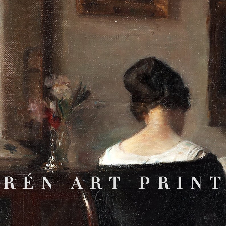 May include: A painting of a woman with dark hair sitting in a chair, facing away from the viewer. She is wearing a white blouse and a black dress. There are flowers in a vase on the table in front of her. The painting is titled "R&Eacute;N ART PRINT".