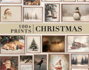 May include: A collection of over 100 Christmas-themed wall art prints featuring various winter scenes, including a red trolley, a decorated tree, Santa Claus, a snowman, a sleeping dog, a steam train, and reindeer, all displayed in a grid layout.