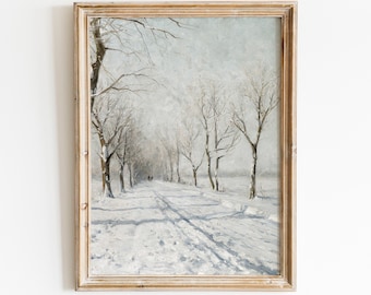 Dipinto di paesaggio innevato d'epoca: stampa artistica invernale rustica (download digitale)