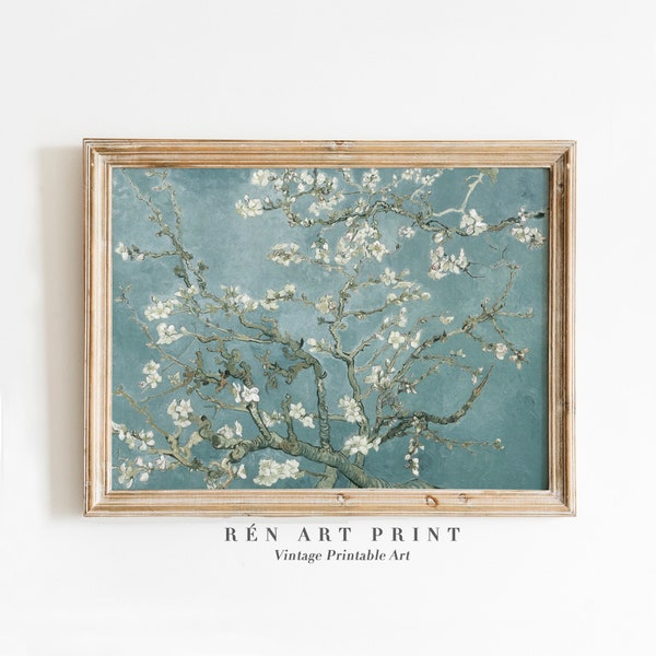 Vintage Spring Printable Wall Art | Almond Blossom Van Gogh Print | Antique French Wall Decor | Impressionist Painting Blue Floral Print