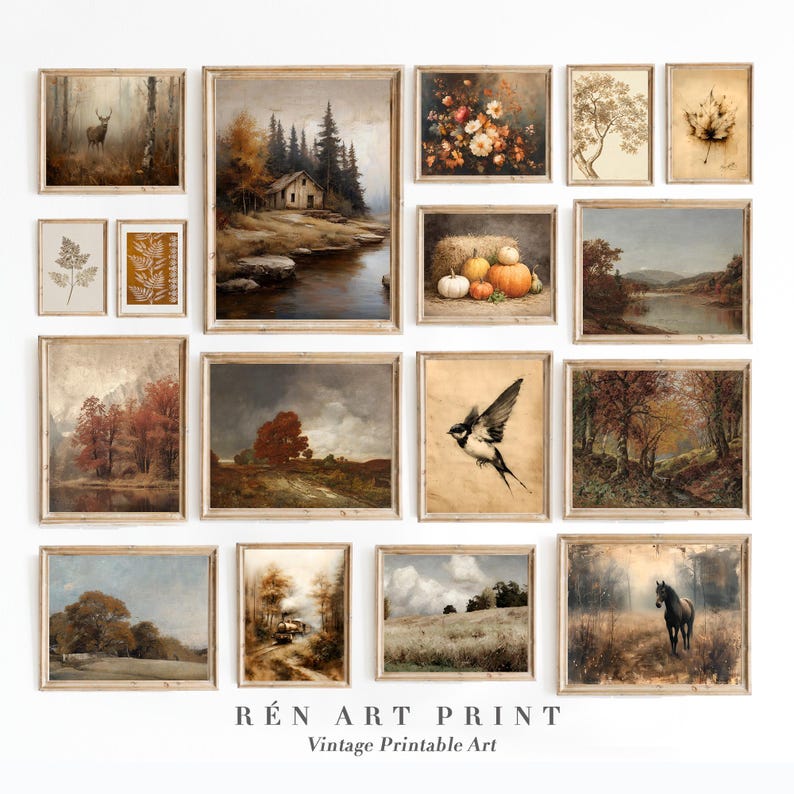 May include: A collection of fifteen framed wall art prints featuring various nature scenes, including a deer in a forest, a cabin by a lake, pumpkins, a bird in flight, a horse, and botanical illustrations, with the text REN ART PRINT Vintage Printable Art.