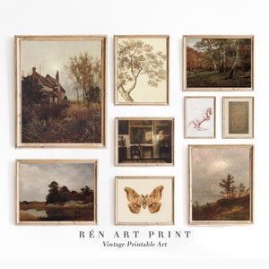 May include: A collection of vintage art prints in wooden frames, featuring landscapes, a butterfly, and a horse drawing. The prints are arranged in a grid pattern on a white wall. The text "R&Eacute;N ART PRINT Vintage Printable Art" is displayed below the prints.