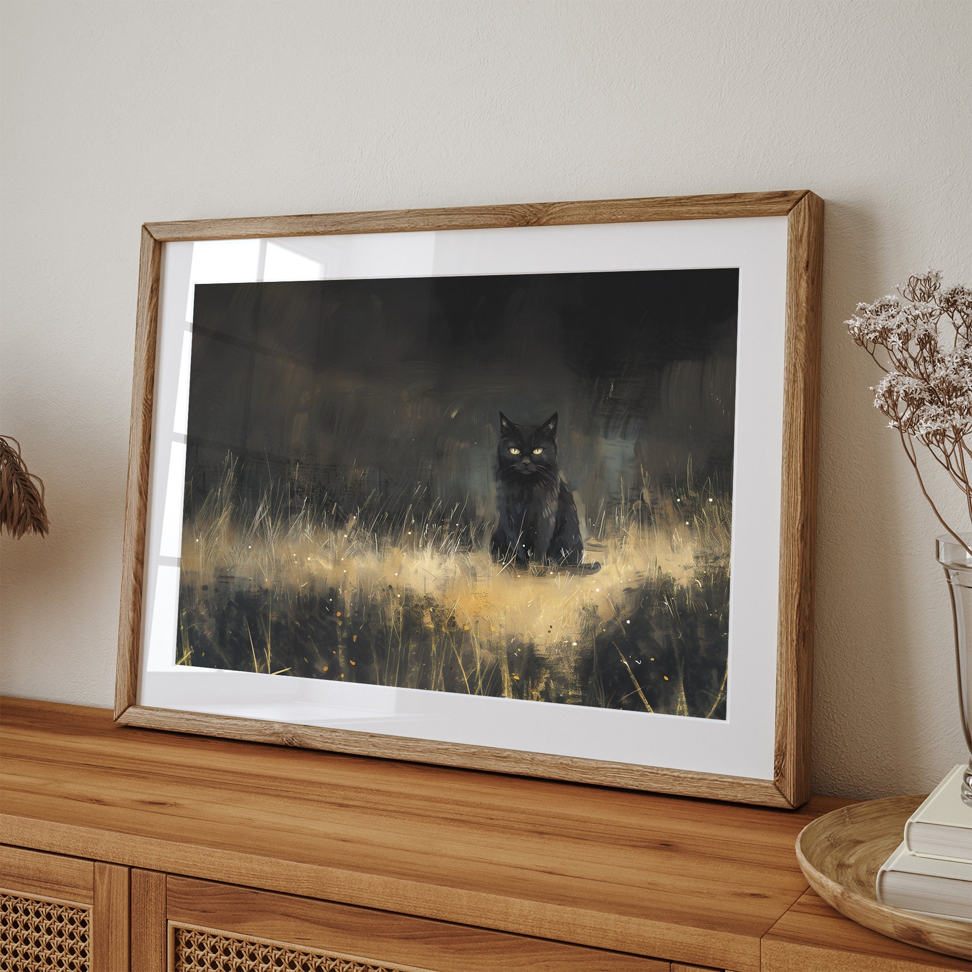 Vintage Black Cat Halloween Art Print | Dark Academia Wall Decor ...