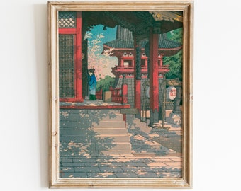 Lámina artística japonesa vintage / Escena de templo, decoración de pared asiática (descarga digital)