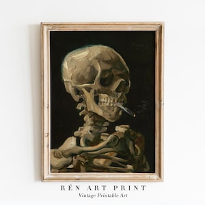 May include: A vintage painting depicting a human skeleton holding a cigarette in its mouth. The skull is painted realistically against a dark background.