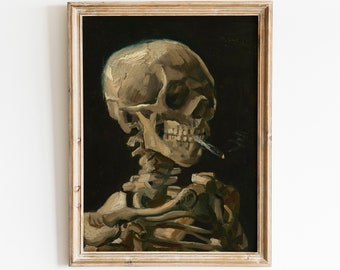 Van Gogh Print | Skull of a Skeleton with Burning Cigarette | Moody Dark Academia Print | Dark Wall Art | Skull Art Print | Gothic Wall Art