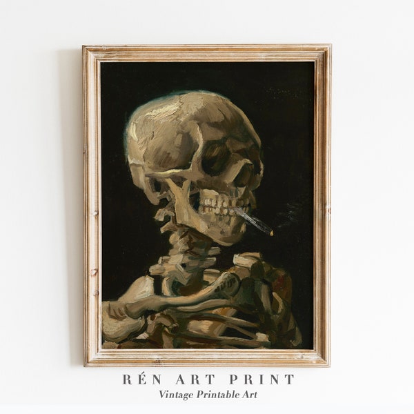 Van Gogh Print | Skull of a Skeleton with Burning Cigarette | Moody Dark Academia Print | Dark Wall Art | Skull Art Print | Gothic Wall Art