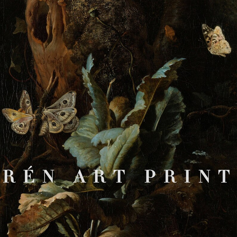 May include: A vintage oil painting depicting a still life with butterflies and foliage. The painting features a dark background with a variety of green and brown leaves, and three butterflies in flight. The butterflies are a light brown color with dark brown markings. The painting is signed "R&Eacute;N ART PRINT" in the lower right corner.