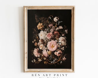 Moody Floral Printable Wall Art | Vintage Flower Bouquet Art Print | Dark Cottagecore Decor | Kitchen Wall Art |Antique Botanical Wall Decor