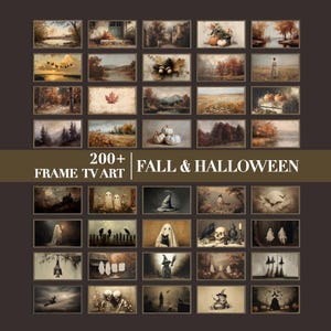 May include: A selection of digital art prints for Frame TV, showcasing over 200 autumn and Halloween-themed images. The art includes landscapes, pumpkins, autumn leaves, and spooky scenes with ghosts, bats, and witches. The text reads "200+ FRAME TV ART FALL & HALLOWEEN."