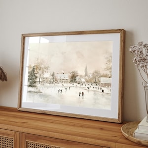 May include: A watercolour painting depicting a winter scene with a church spire in the background and people ice skating on a frozen lake. The buildings are painted in shades of brown and white, and the sky is a soft blue.