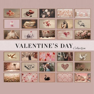 Puede incluir: Una colecci&oacute;n digital de treinta impresiones de arte mural rectangulares con temas rom&aacute;nticos, incluyendo corazones, flores, parejas y paisajes urbanos en tonos rosados suaves, con el texto VALENTINE'S DAY Collection centrado en el medio.