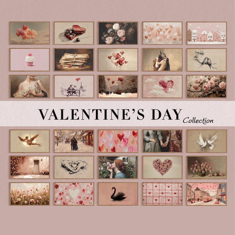 Puede incluir: Una colecci&oacute;n digital de treinta impresiones de arte mural rectangulares con temas rom&aacute;nticos, incluyendo corazones, flores, parejas y paisajes urbanos en tonos rosados suaves, con el texto VALENTINE'S DAY Collection centrado en el medio.