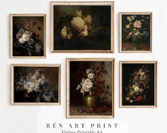 Set de láminas para pared con motivos florales oscuros / Estilo Dark Academia, Arte Vintage (Descarga digital)