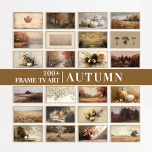 Peut inclure: Une collection d'impressions d'art encadrées rectangulaires avec des peintures sur le thème de l'automne. L'art présente des paysages, des natures mortes de citrouilles et des images de feuilles. Le texte "100+ FRAME TV ART AUTUMN" est affiché.