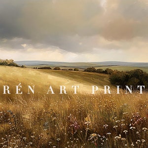 Peut inclure: Une peinture repr&eacute;sentant un champ d'herbe haute avec une colline vallonn&eacute;e en arri&egrave;re-plan. Le ciel est nuageux et le soleil se couche. Le texte "REN ART PRINT" est visible au premier plan.