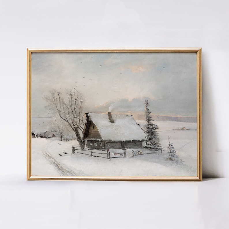 K&ouml;nnte beinhalten: Ein Gem&auml;lde, das eine kleine Holzh&uuml;tte zeigt, die mit Schnee bedeckt ist und aus deren Schornstein Rauch aufsteigt. Die H&uuml;tte ist von B&auml;umen umgeben und ein verschneiter Weg f&uuml;hrt zur Haust&uuml;r. Der Himmel ist hellblau mit ein paar Wolken.
