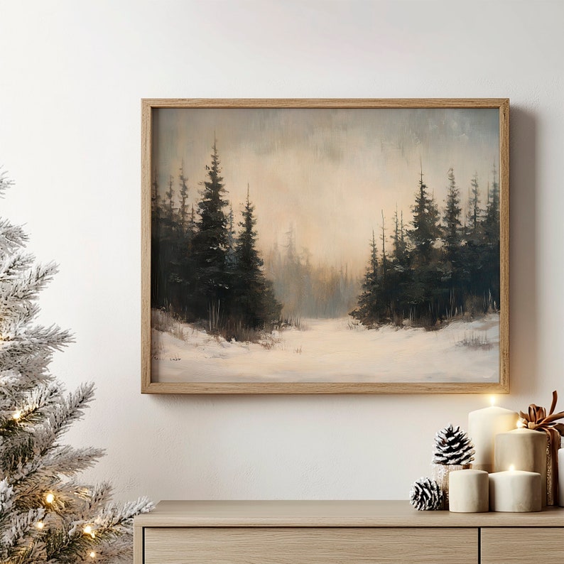 May include: A framed painting of a snowy forest scene with tall evergreen trees in the foreground and a misty background.