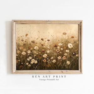 May include: A vintage-style painting of a field of wildflowers in shades of brown, white, and pink. The painting is framed in a light wood frame.