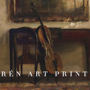 May include: A painting of a violin resting against a wooden chair in a dimly lit room. The violin is brown and has a dark brown neck. The chair is dark brown and has a wooden seat. The room is dimly lit and has a dark brown floor. The painting is titled "R&Eacute;N ART PRINT".