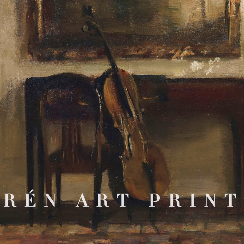 May include: A painting of a violin resting against a wooden chair in a dimly lit room. The violin is brown and has a dark brown neck. The chair is dark brown and has a wooden seat. The room is dimly lit and has a dark brown floor. The painting is titled "R&Eacute;N ART PRINT".