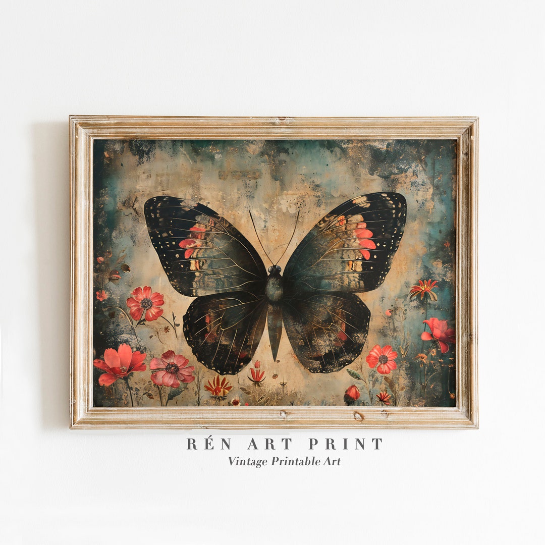 Vintage Butterfly Painting | Black Moth Printable Wall Art | Antique ...