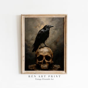 May include: A black raven perched atop a weathered human skull, set against a dramatic, stormy sky. The image is painted in a dark, realistic style, evoking a sense of mystery and the macabre.