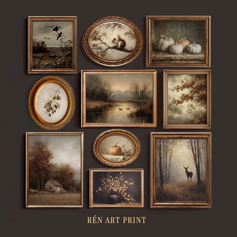 May include: A gallery wall collection of nine framed art prints featuring nature scenes, including a squirrel, pumpkins, a deer, a cottage, and birds. Each piece is encased in a gold-toned frame. The text REN ART PRINT is centered at the bottom.