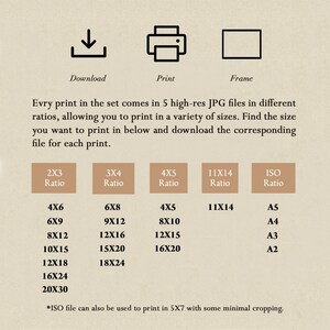 Op de afbeelding: Een tabel met verschillende afdrukformaten en verhoudingen voor digitale downloads. De tabel bevat formaten zoals 2x3, 3x4, 4x5, 11x14 en ISO. De tabel bevat ook standaard papierformaten zoals A5, A4, A3 en A2.