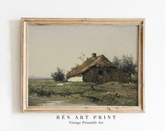 Vintage Farmhouse Landscape Print | Antique Country Cottage (Digital Download)