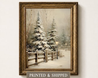 Vintage Snowy Pine Tree Painting: Rustic Winter Wall Art Christmas Decor (Printed & Shipped)