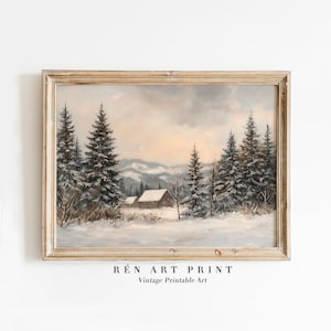 May include: A vintage painting depicting a snowy winter scene with a cabin nestled in the woods. The painting is framed in a light wood frame and features a soft, muted colour palette.