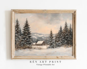 Vintage Snowy Landscape Painting | Rustic Winter Print (Digital Download)