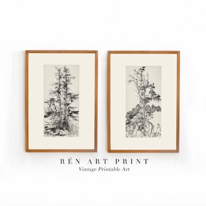 Antique Sketch Print Set | Neutral Gallery Wall Set | Digital Download | Botanical Print | Tree Sketch Set of Two Prints | Bedroom Wall Art