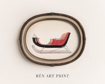 May include: An oval framed art print featuring a vintage illustration of a red and black sleigh. The sleigh has a curved design and is set against a white background. The text "RÉN ART PRINT" is printed at the bottom.