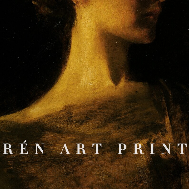 May include: A detail of a classical art print featuring a woman's neck and shoulders, rendered in warm, golden tones against a dark background. The text "R&Eacute;N ART PRINT" is displayed in white letters.