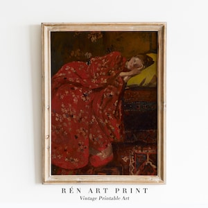 Antique Portrait Oil Painting | Girl in Red Kimono | Vintage Woman Portrait Wall Art | Lady Digital Download Printable Art