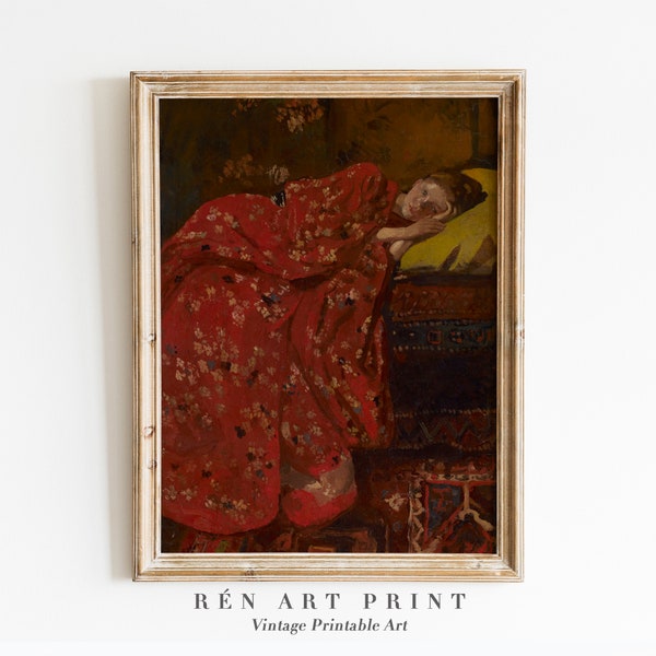 Antique Portrait Oil Painting | Girl in Red Kimono | Vintage Woman Portrait Wall Art | Lady Digital Download Printable Art