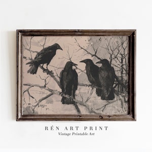 Vintage Rabe druckbare Kunst | Stimmungsvolle Malerei Digitaldruck|Dark Academia Druck |Gothic Wandkunst|Antike Krähe Druck | Landhaus Dekor